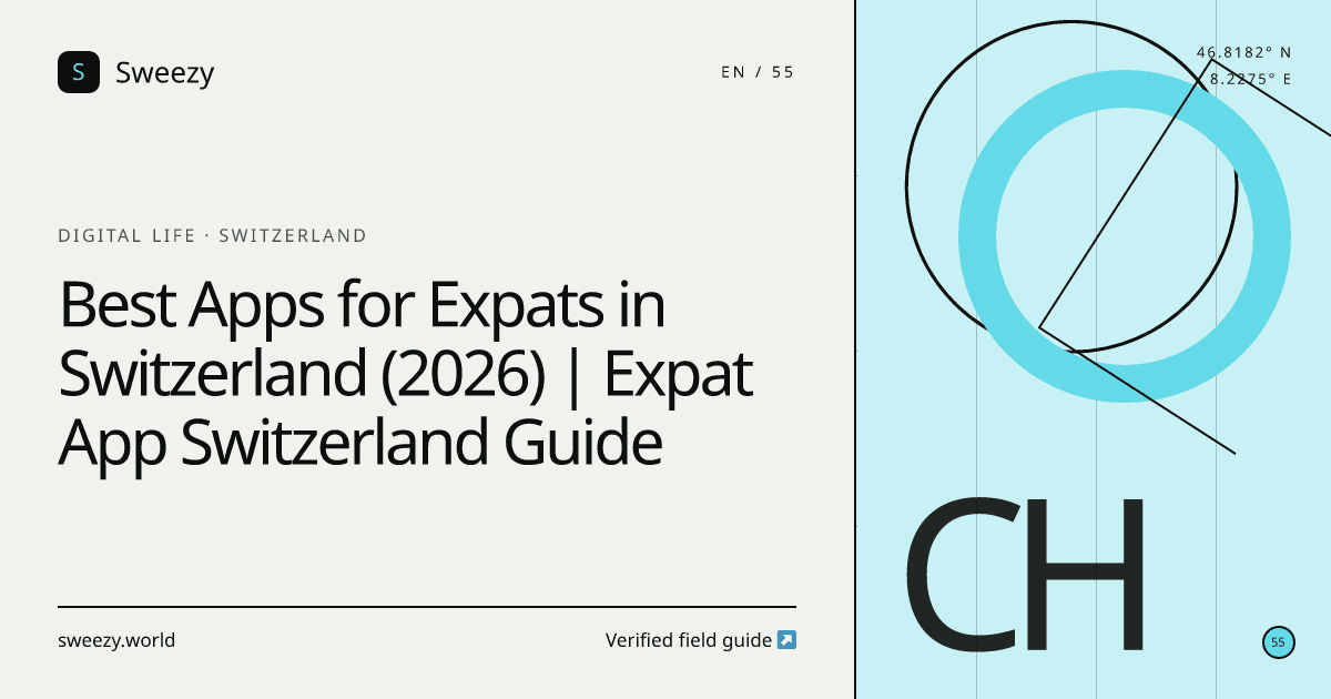 Sweezy editorial cover for “Best Apps for Expats in Switzerland (2026) | Expat App Switzerland Guide” — Digital life