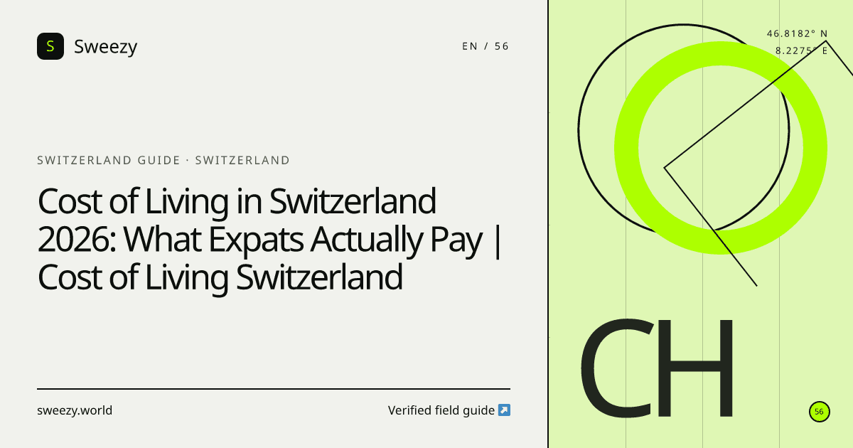 Sweezy editorial cover for “Cost of Living in Switzerland 2026: What Expats Actually Pay | Cost of Living Switzerland” — Switzerland guide
