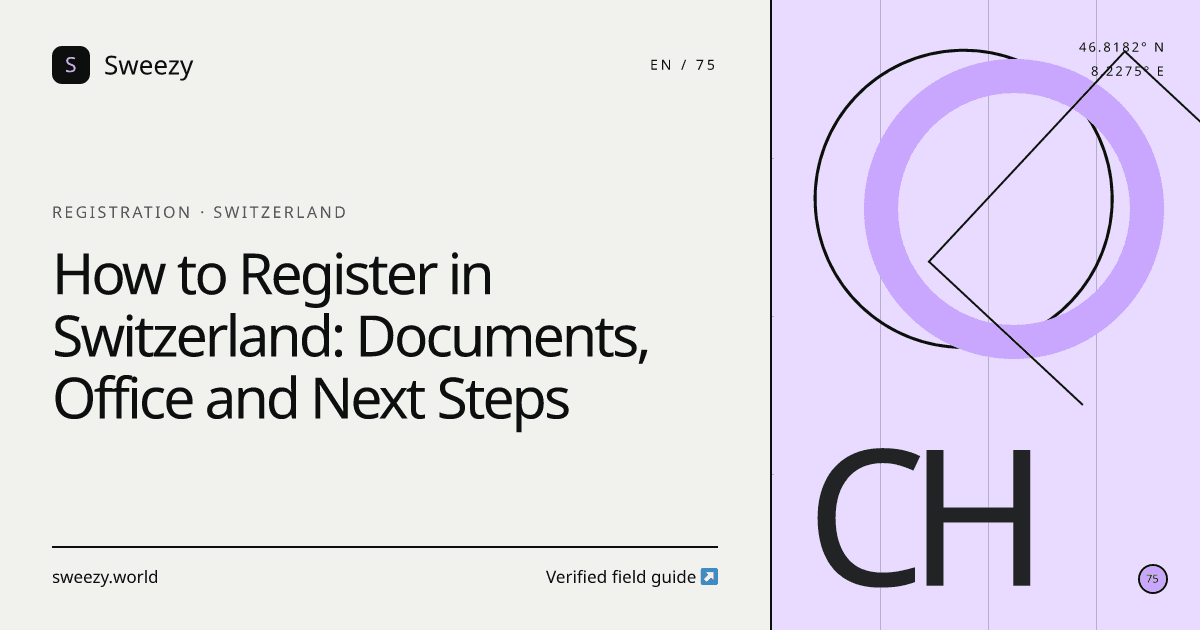 Sweezy editorial cover for “How to Register in Switzerland: Documents, Office and Next Steps” — Registration