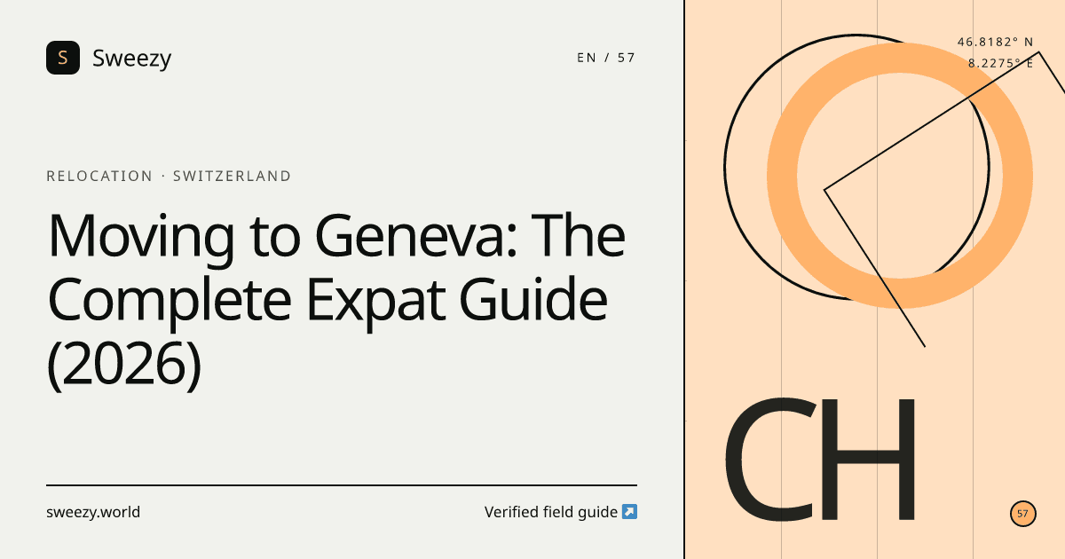 Sweezy editorial cover for “Moving to Geneva: The Complete Expat Guide (2026)” — Relocation