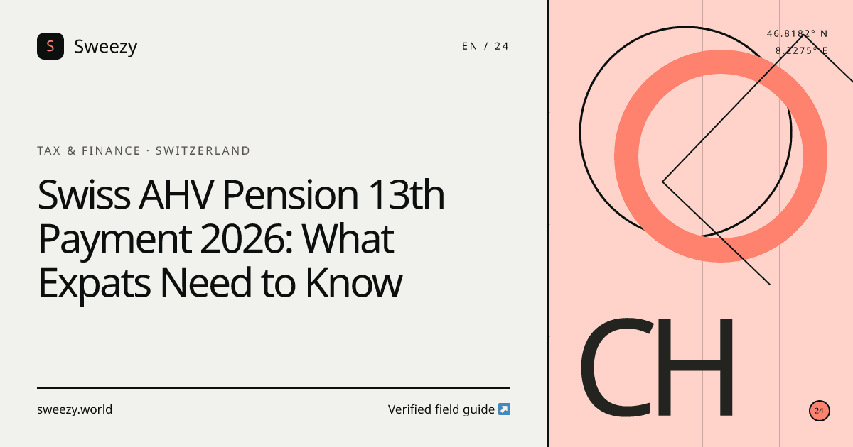 Sweezy editorial cover for “Swiss AHV Pension 13th Payment 2026: What Expats Need to Know” — Tax & finance