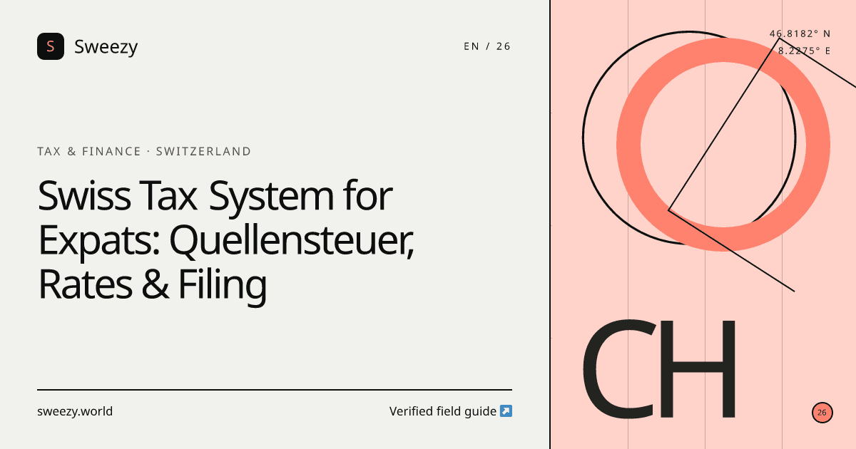 Sweezy editorial cover for “Swiss Tax System for Expats: Quellensteuer, Rates & Filing” — Tax & finance