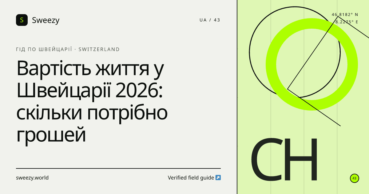 Редакційна обкладинка Sweezy про «Вартість життя у Швейцарії 2026: скільки потрібно грошей» — тема: Гід по Швейцарії