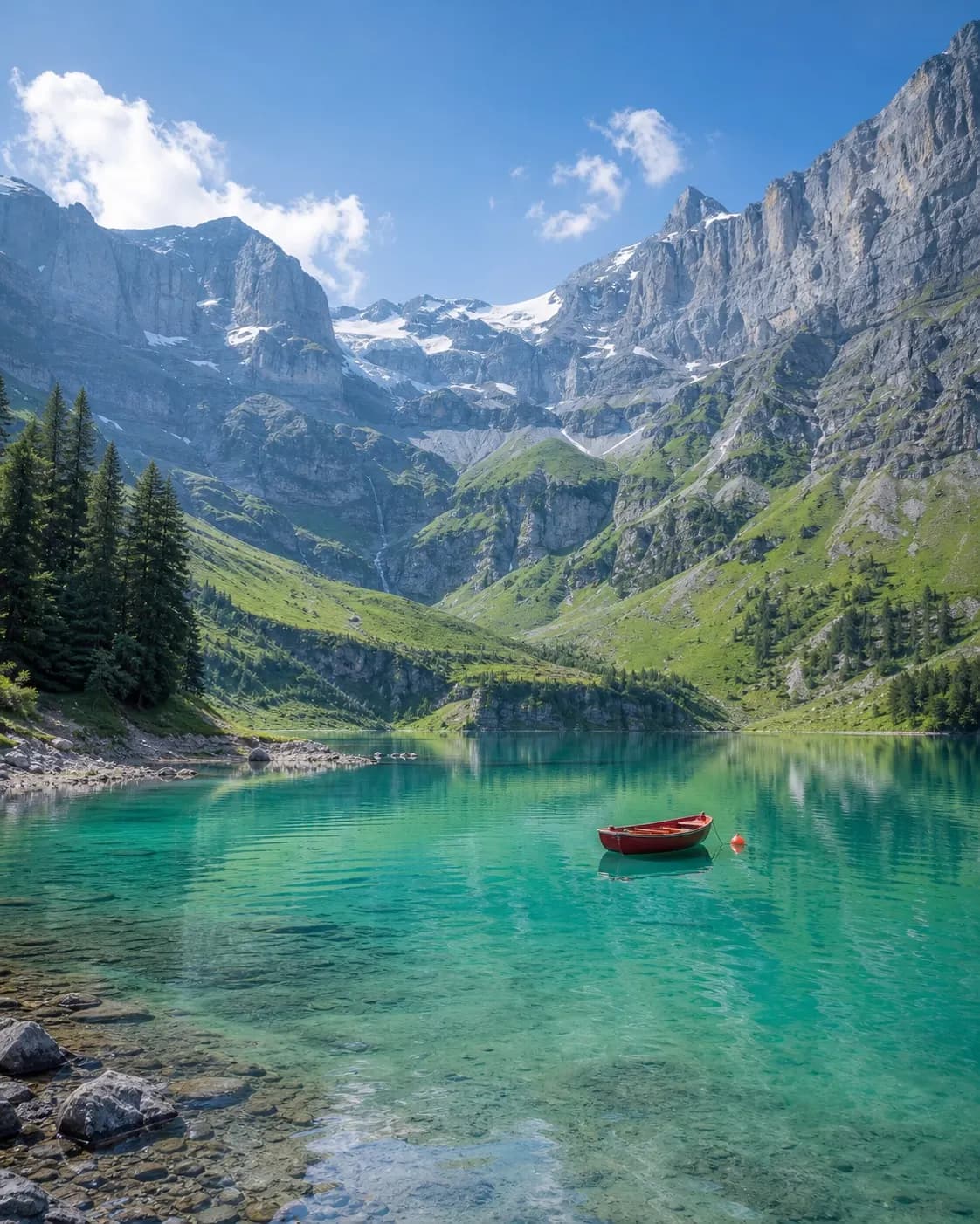 Türkisfarbener Oeschinensee unter den Felsen bei Kandersteg